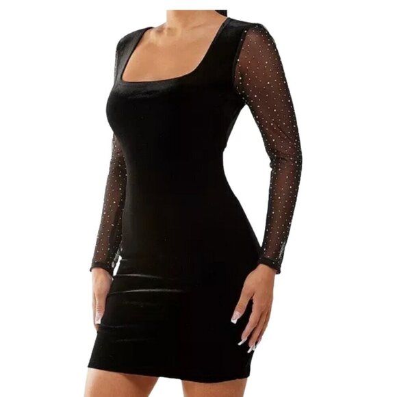 Velvet Open Back Cocktail Party Dress Size Black Jeweled Sleeve - Picture 3 of 6